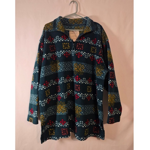 Victoria's Secret Sweaters - Victorias Secret Country Fleece Quarter Zip Pullover Fair Isle Teal Red Large
